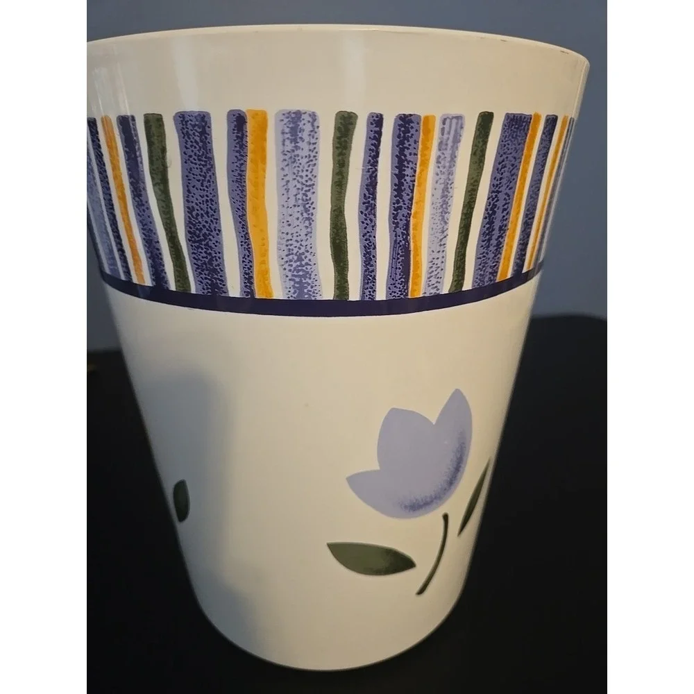 Vtg Wastebasket Cream Blue Yellow Tulip Floral Trash Can USA Hard‎ Plastic